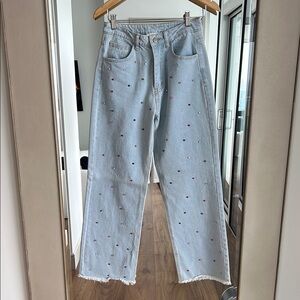 Jeweled Blue Jeans with Frayed Bottoms